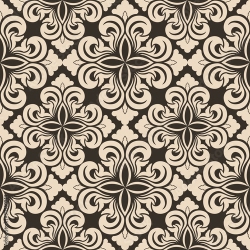 Seamless vector decorative pattern of beige floral elements in the form of a rhombus on a brown background. Symmetric texture for decoration of fabrics or wrappers