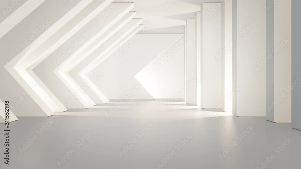 Geometric shapes structure on empty concrete floor with white wall in big hall or modern showroom. Interior 3d illustration of future technology architecture for loop animation abstract background.