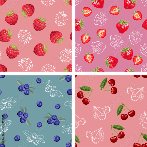Berry seamless pattern set. Vector illustration of ripe berries and white outline in flat style.  Cartoon cherry, strawberry, blueberry and raspberry. Berry color background.