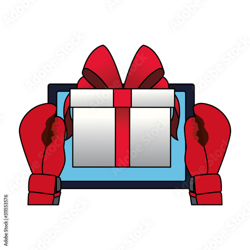 boxing gloves with tablet and gift box icon