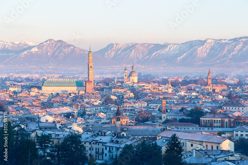 Aerial view of the city of Vicenza in Italy at sunrise in a winter day. The city of Palladio, from the name of the architect who designed most of his works here in the late Renaissance.