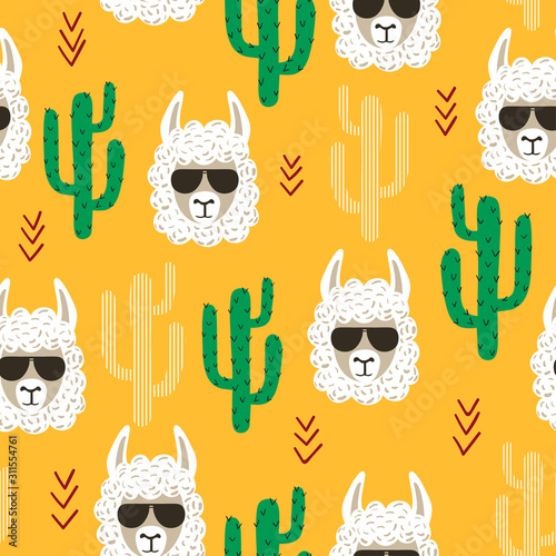 Seamless cartoon llama and cactus pattern. Print for kids in bright colors.