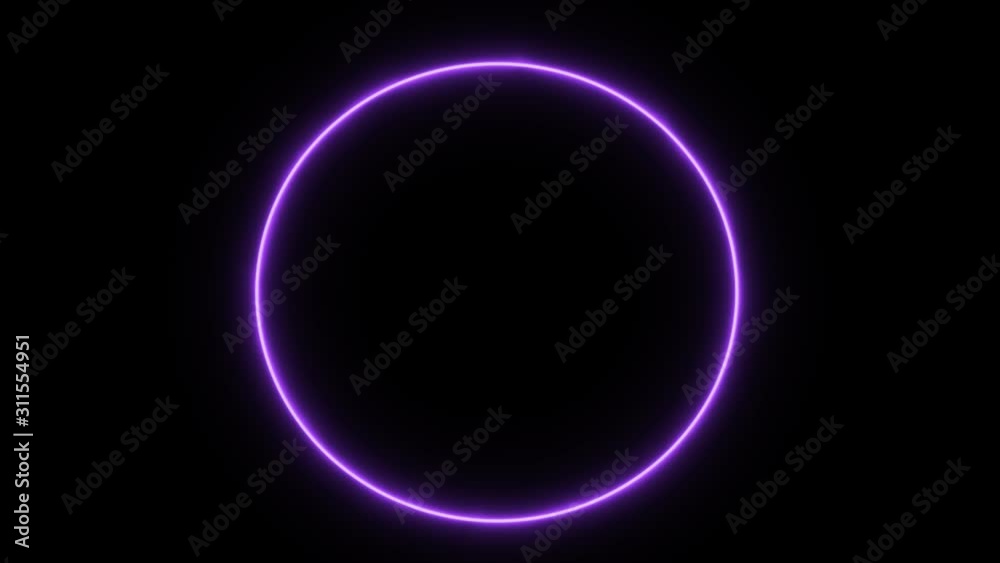Purple Neon Frame, Round Blinking And Glowing Against Black Background Purple Neon Frame, Round Blinking And Glowing Against Black Background