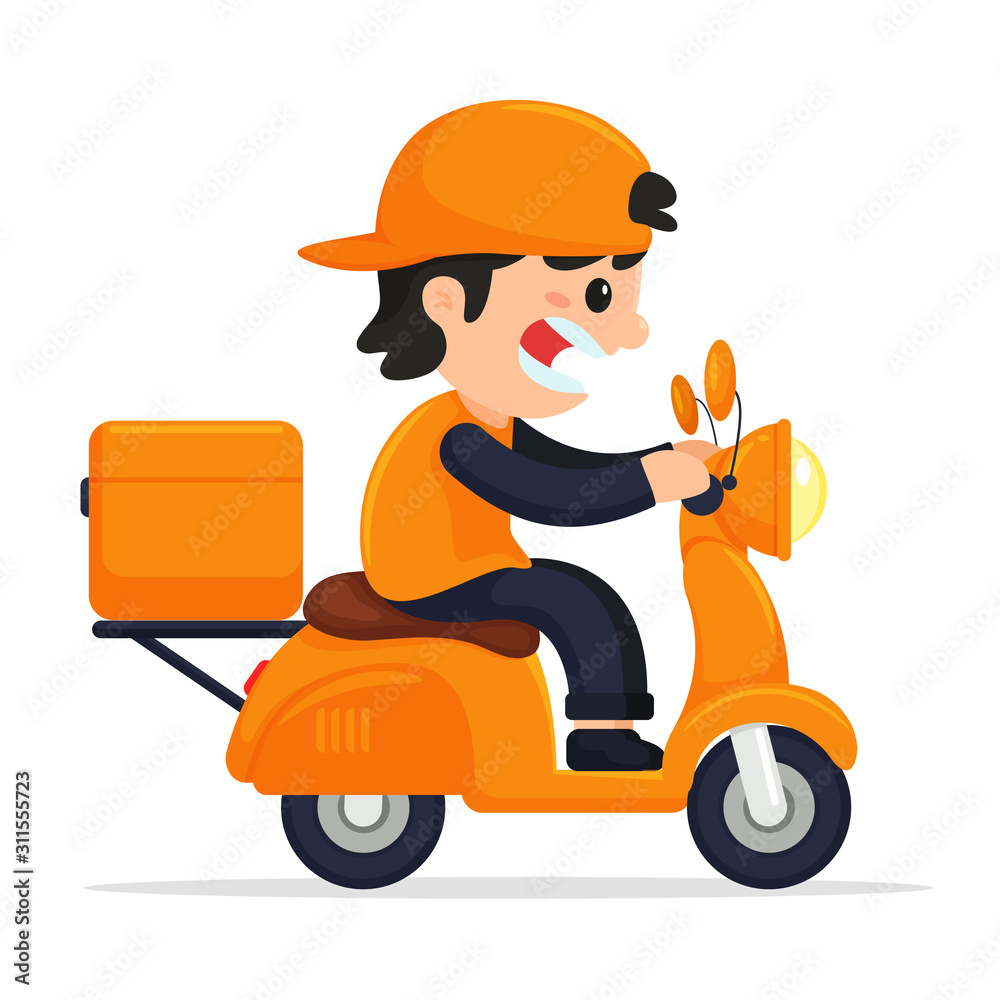 Cargo staff drive motorcycle delivery. The concept of online product delivery via mobile application Cargo staff drive motorcycle delivery. The concept of online product delivery via mobile application