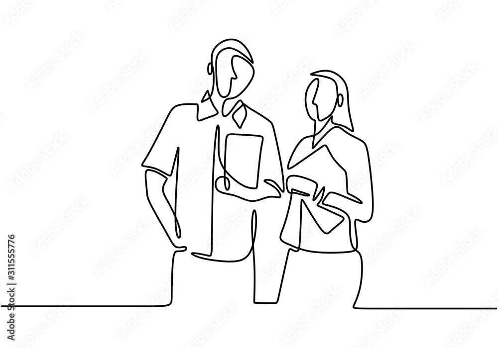 Continuous one line drawing of boss and secretary. Portrait of man and ...