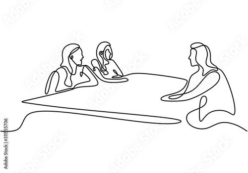 Team discussion one line drawing continuous hand drawn vector illustration minimalism design. Woman working at office sitting with big table for meeting. Brainstorming and strategy thinking.