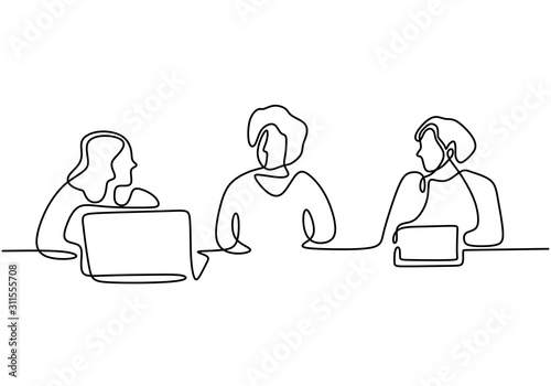 Continuous one line drawing of people meeting for business. Client and marketing agency talking concept. Minimalism design vector illustration.