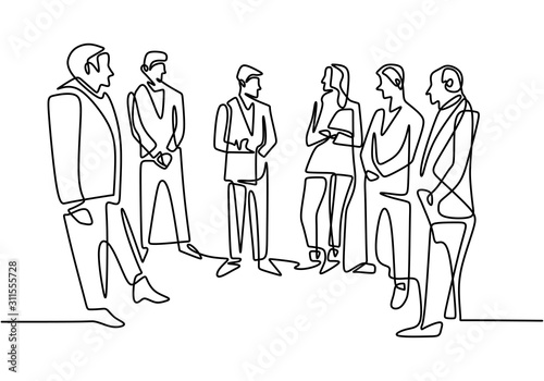 Continuous one line drawing of office workers at business meeting. People standing discussion and talking with formal uniform.