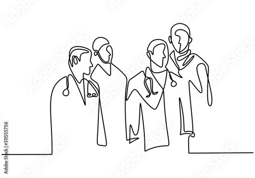 Continuous one line drawing of team of doctors or nurse.