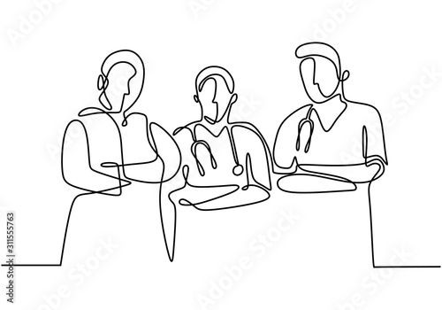 Continuous one line drawing of team of doctors or nurse.