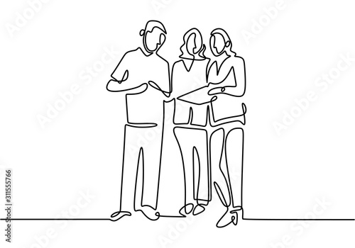 Continuous one line drawing of three standing persons talking with paper. Man and women meeting to discuss business.