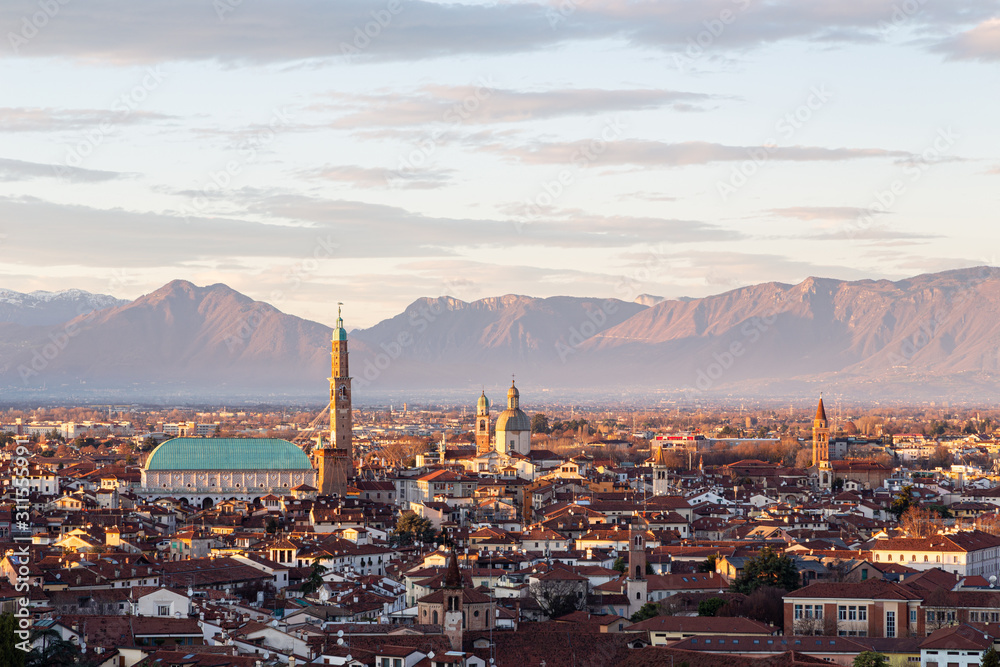 Aerial view of the city of Vicenza in Italy at sunset. The city of Palladio, from the name of the architect who designed most of his works here in the late Renaissance.