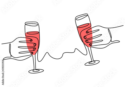 Continuous one line drawing of Hands cheering with glasses of champagne or wine
