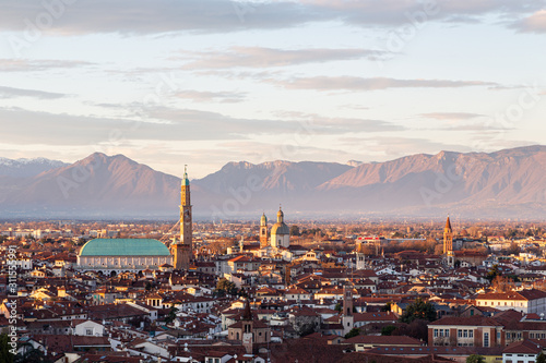 Aerial view of the city of Vicenza in Italy at sunset. The city of Palladio, from the name of the architect who designed most of his works here in the late Renaissance. photo