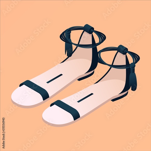 Isometric flat nude and black sandals isolated on peach background. Fashion stylish illustration with women pair 3d footwear good for beach vacation, tropical weather and sandy relaxation