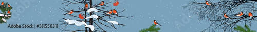 band with bullfinches in winter forest