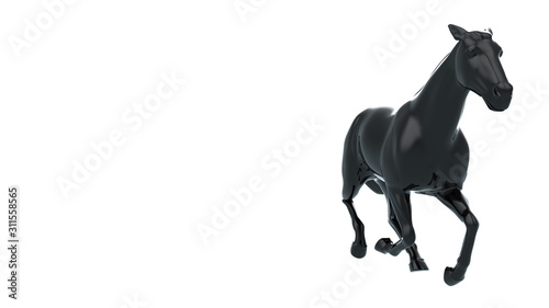 3D Rendering Black horse in running motion  Isolated on white background. Perspective View.