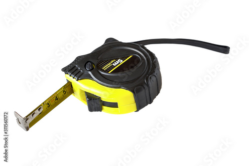 Single yellow-black tape measure isolated on a white background. Vertical position.
