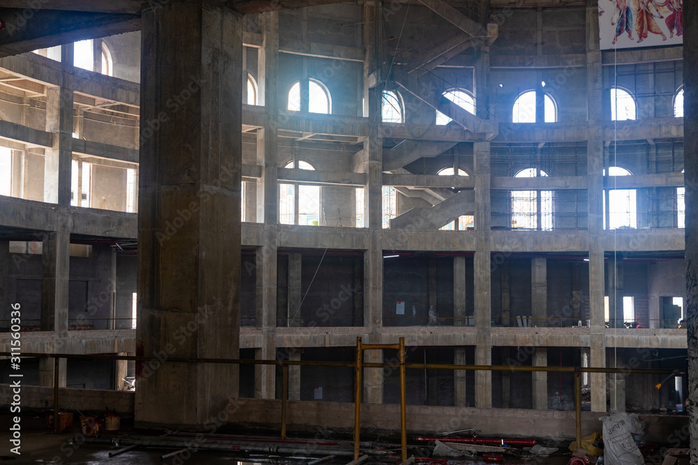 Unfinished interior of Indian temple of Vedic Planetarium under construction