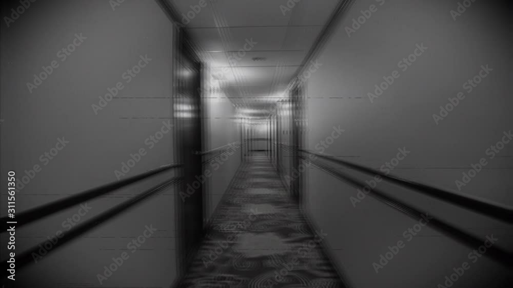 Long Scary Hotel Corridor With Morphing Dust and Scratches Distortion ...