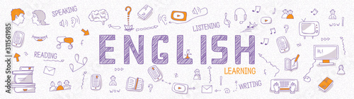 Header for websites about learning English language with outline icons, symbols, signs on white background. Illustration of students, book, dictionary, speaking, reading, writing, listening skills
