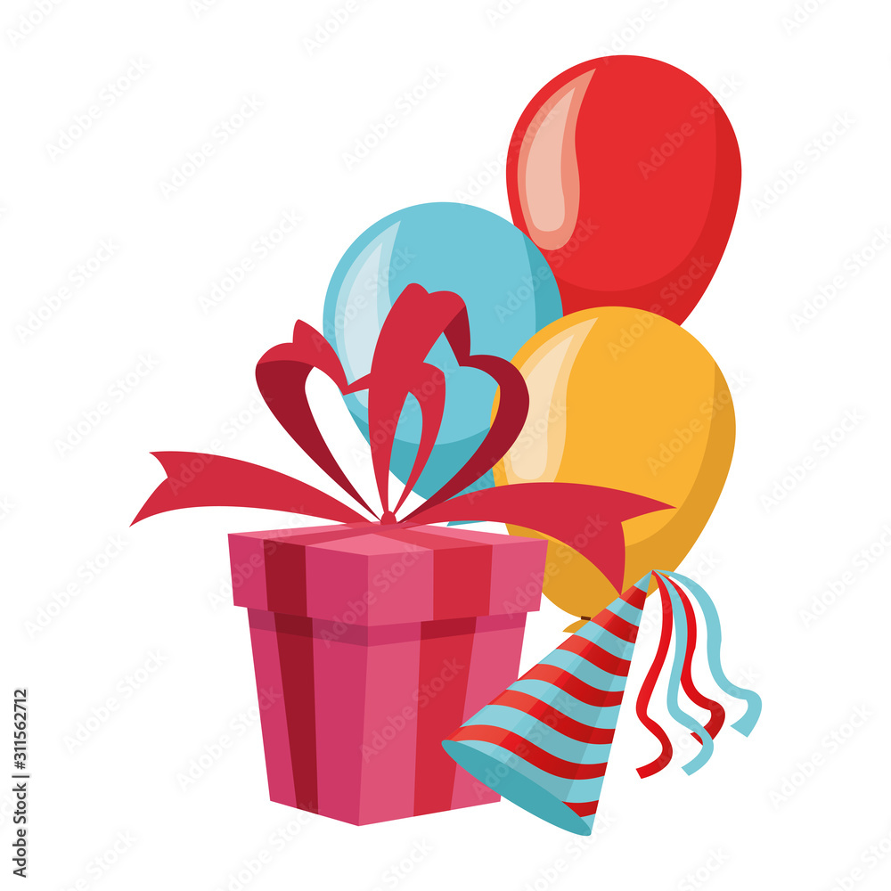 gift box with balloons and party hat, colorful design gift box with balloons and party hat, colorful design