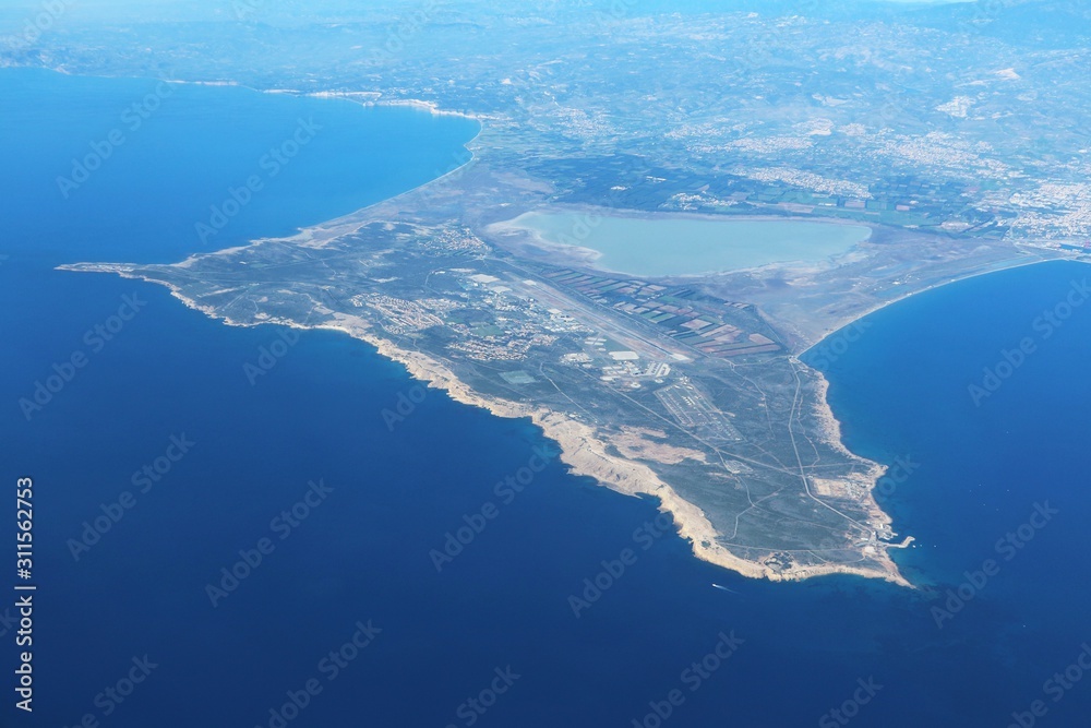 Aerial view of Akrotiri Peninsula with Limassol Salt Lake west of the city of Limassol, Cyprus