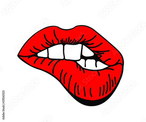 Red lips biting retro icon isolated on white background. Vector illustration