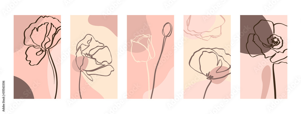 Fototapeta Set Backgrounds with one line poppy flowers . Abstract Mobile Wallpapers in minimal trendy style templates for social media stories. Vector Illustration in pastel color pink