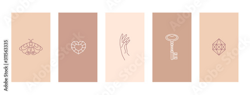 Set pink and nude stories highlights covers outline a butterfly, diamond, hand and key. Abstract Mobile Backgrounds in minimal trendy style templates for social media stories. Vector