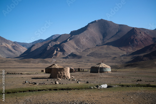 Village with yurts near Pamir highway in Tajikistan