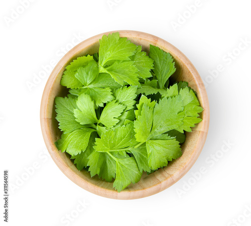 celery leaf in wood bowl isolated on white background