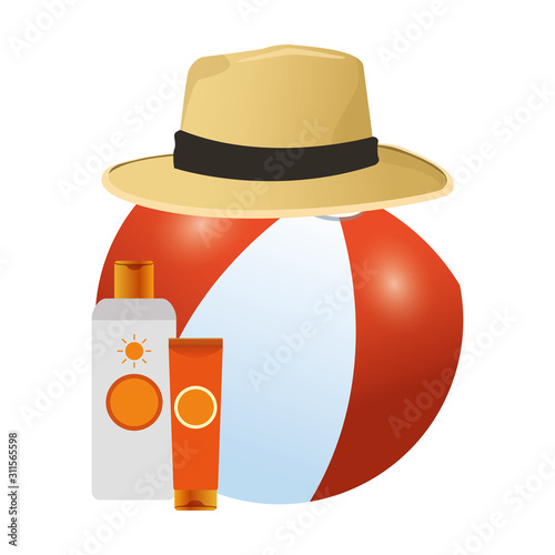 beach ball with hat and sunblocks bottles, colorful design