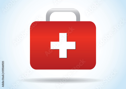 Red medical box icon vector illustration. First aid or medical kit icon. First aid kit on blue background. Isometric vector illustration