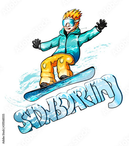 illustration of a snowboarder in yellow pants with the inscription snowboarding, sketch vector graphic colour illustration on white background