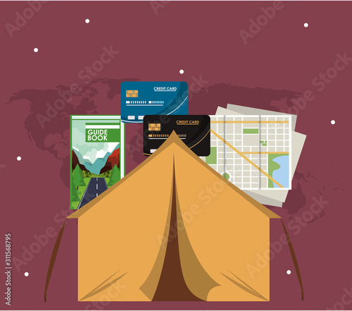 world travel scene with tent camping