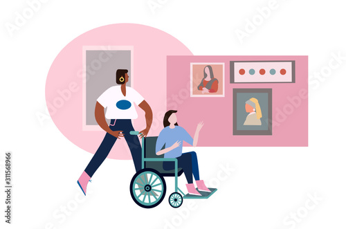 Cute pink vector illustration of two girl friends on tourist trip to accessible art gallery. Black skin girl assistant and disabled young woman. Lgbt queer has inclusive female couple on trip