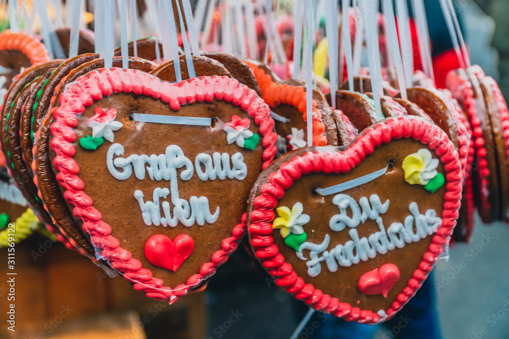 Traditional decorated Christmas gingerbread hearts on the Christmas market in Vienna.