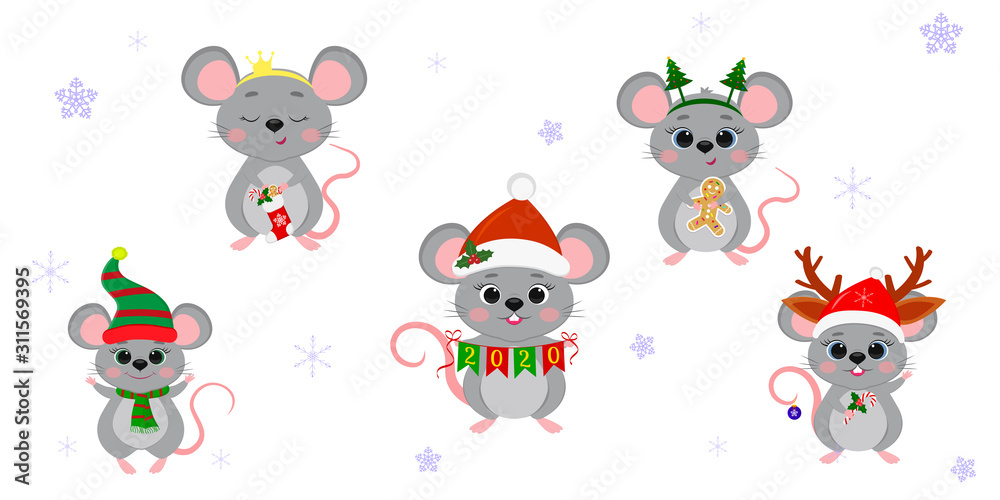 Christmas and New Year 2020. A set of five cute mouse rats in different costumes with holiday accessories on a background of snowflakes. Cartoon, flat style, Vector