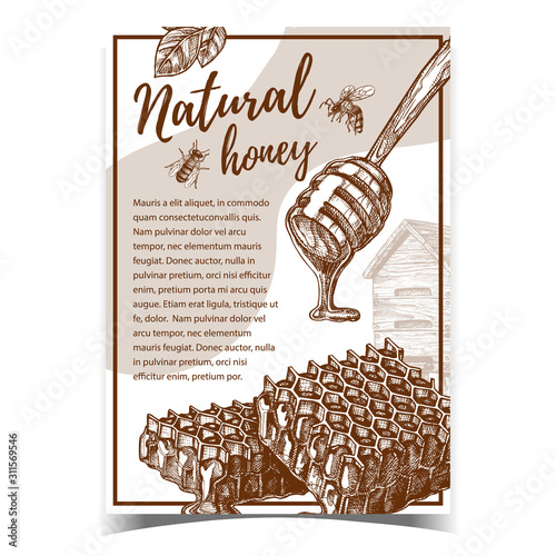 Honeycomb And Wooden Dipper Stick Poster Vector. Fresh Organic Natural Honey Dripping From Stick And Beehive. Healthy Delicious Sweet Food Bee Product Ingredient For Dessert Monochrome Illustration