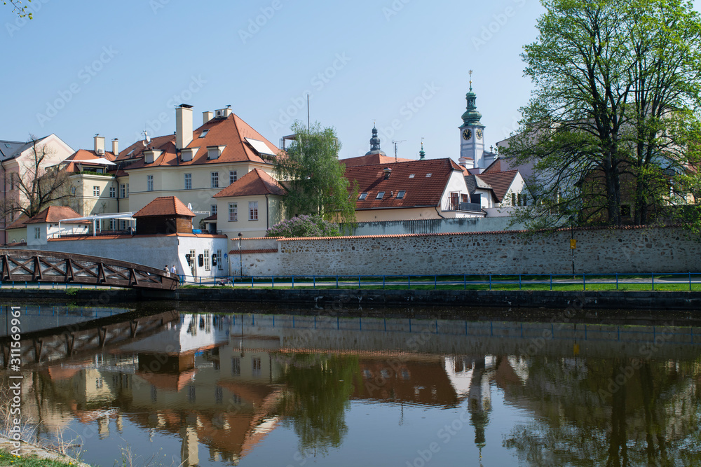 Old Town riverfront in Ceske Budejovic, Czech Republic