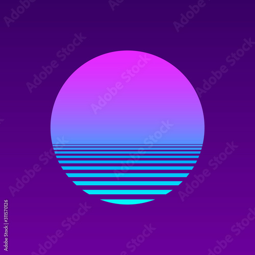 Isolated sunset gradient on purple background. Vector illustration of sun in retro 80s and 90s style. EPS 10 © Crazy Dark Queen