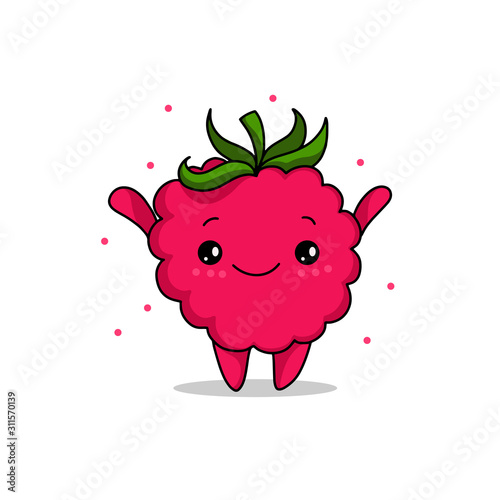 Kawaii raspberry cartoon vector illustration, cute summer berry smiling for logo, poster, banner, logo, icon, textile print, kids t-shirt, invitation, organic food materials, healthy fruit nutrition