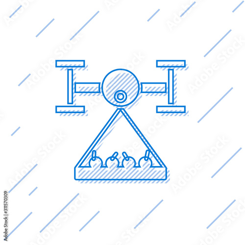 Blue line Smart farm with drone control collects harvest icon isolated on white background. Innovation technology for agricultural company. Vector Illustration