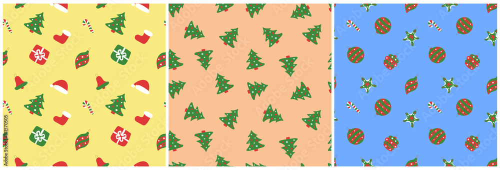 Christmas pattern. Winter holiday wallpaper. Seamless texture for the New Year. Santa Claus with a bag of gifts. Christmas decorations