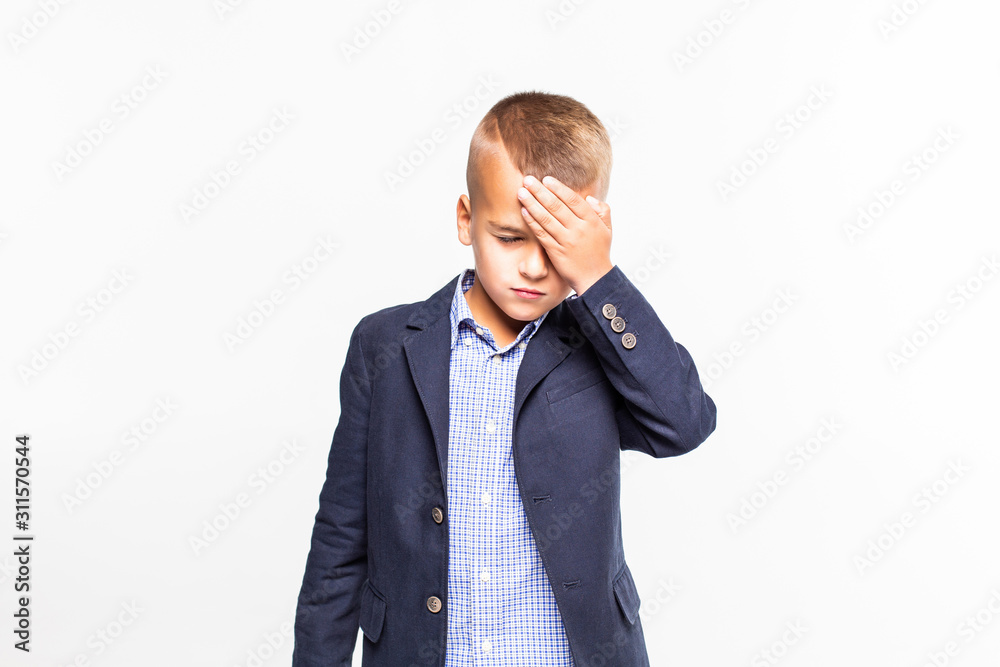 Sad boy holding head isolated on white background Sad boy holding head isolated on white background
