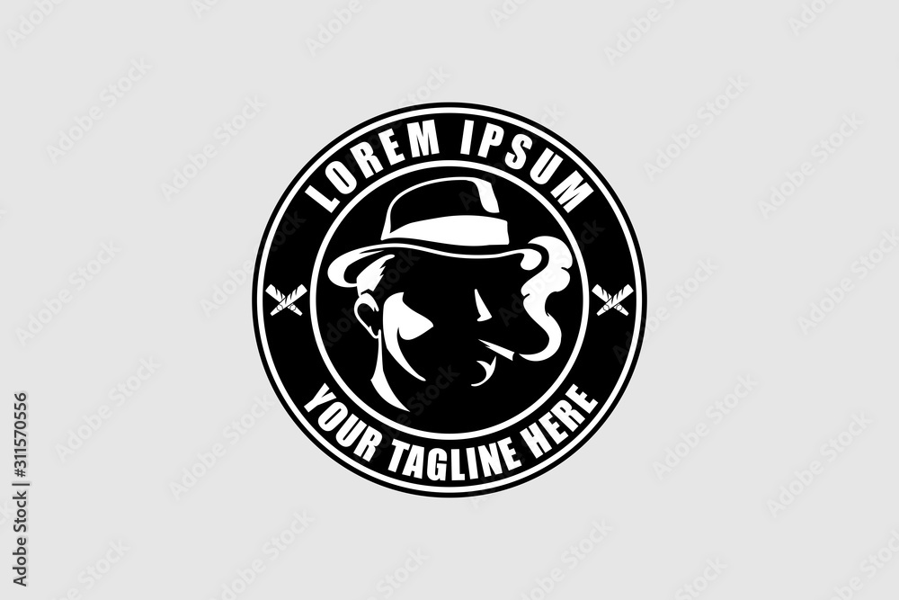 silhouette MAN WITH FEDORY HAT AND CIGARETTE VECTOR BADGE LOGO TEMPLATE