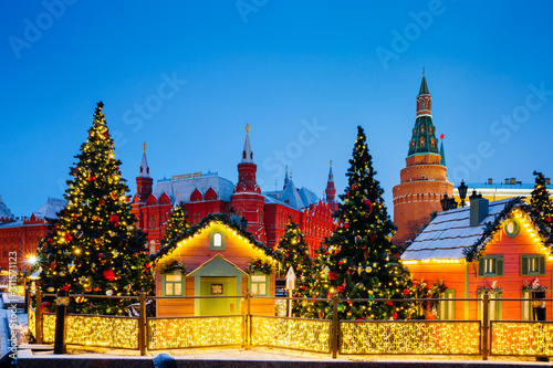 The State Historical Museum and The Kremlin with Christmas decorations on the foreground, Moscow, Russia