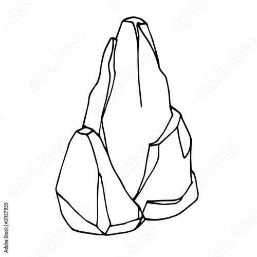 stone as a mountain peak, landscape decoration for aquarium or Park, natural weathering, vector illustration with black contour lines isolated on white background in hand drawn and Doodle style