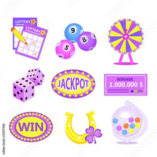Bingo lotto icon set. Lottery win jackpot badges with horseshoe, lottery drum, tickets, wheel of fortune, check. Flat modern vector illustration